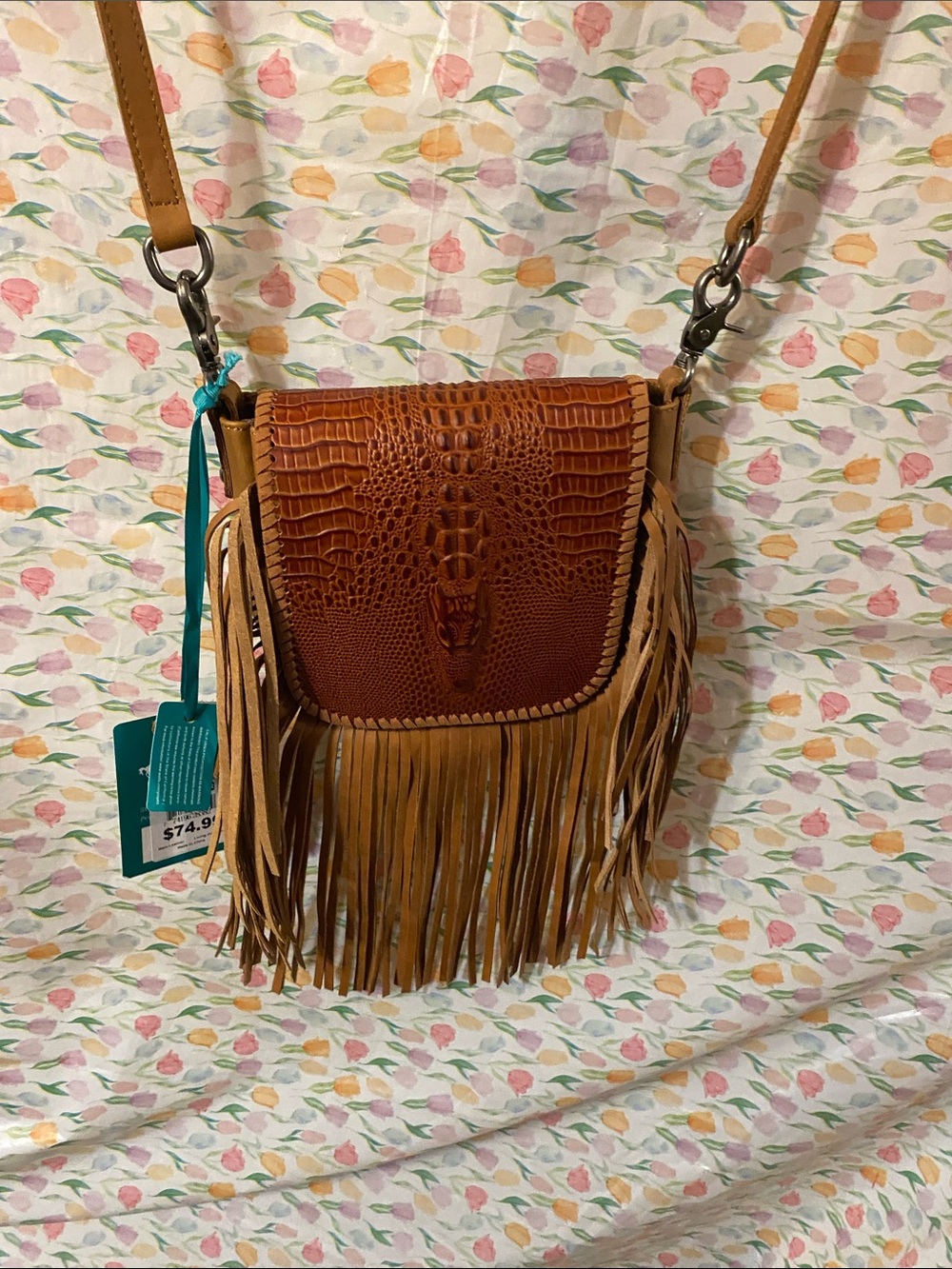 Montana West Cognac Brown Faux-Croc Fringe Crossbody Bag